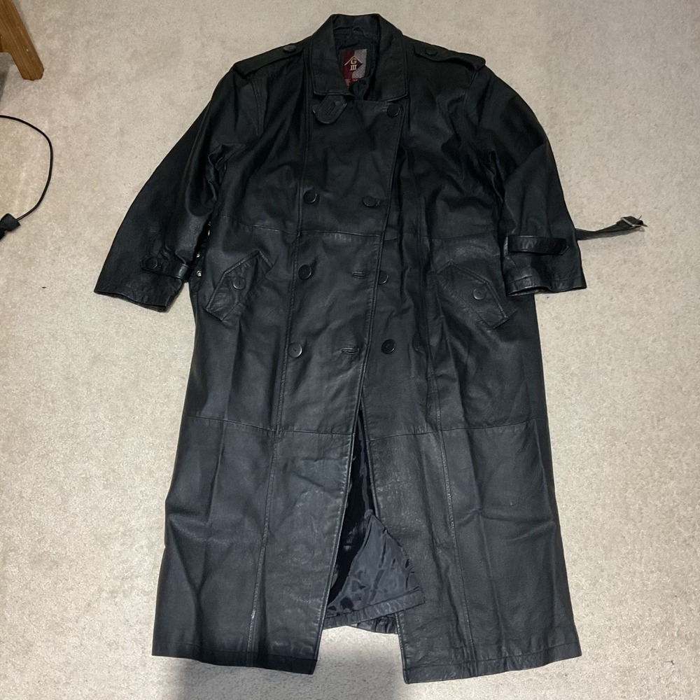 G-III Mens Black Leather Trench Coat Double Breasted Belted Long Jacket Large